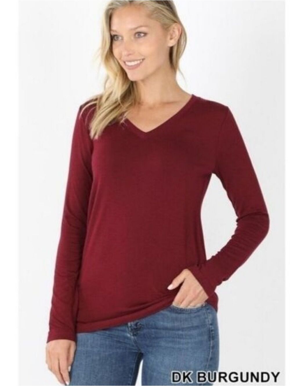 ZENANA Long Sleeve V Neck Top Burgundy Size XL NWT